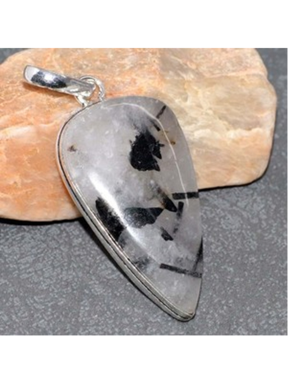 Natural Black Rutile Gemstone 925 Silver Plated Pendant 2.2 Inch Long NWT